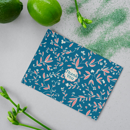 Thank you card - A2 Blue Teal - Whimsical Leaves